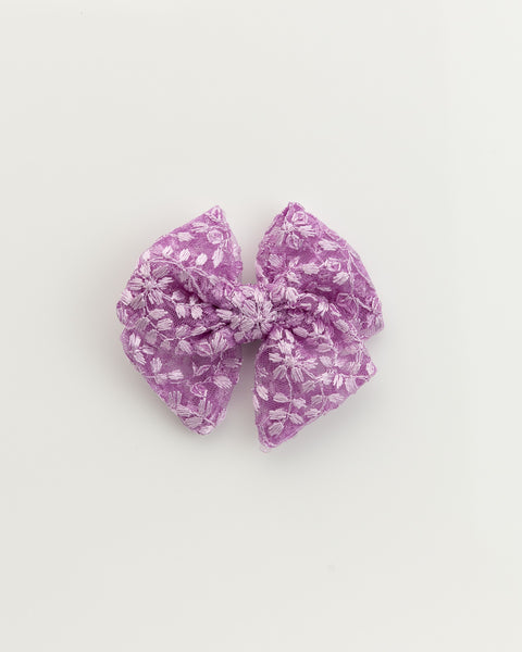 Floral Embroidered Tulle Sailor Bow Alligator Hair Clip - Lilac