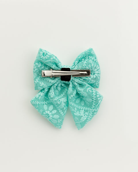 Floral Embroidered Tulle Sailor Bow Alligator Hair Clip - Turquoise