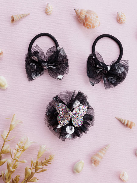 Stardust Butterfly Alligator Hair Clip and Rubber Band Set- Black & Silver