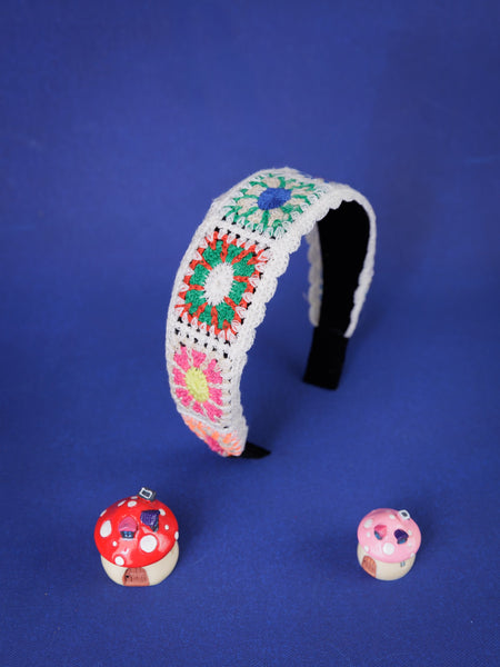 Pastel Flower Handmade Crochet Hair Band- White