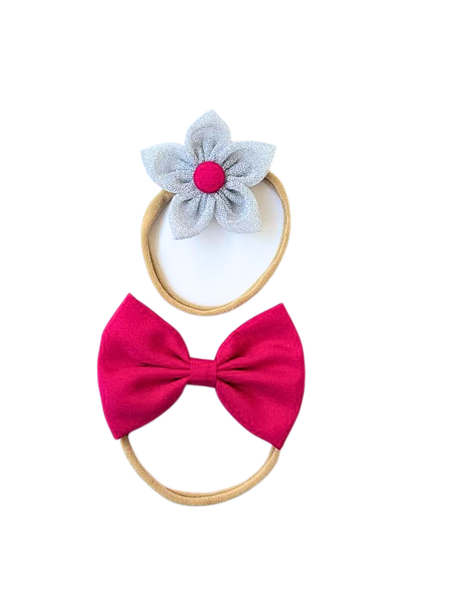 Set of 2 Flower & Bow Headbands – Pink & Grey