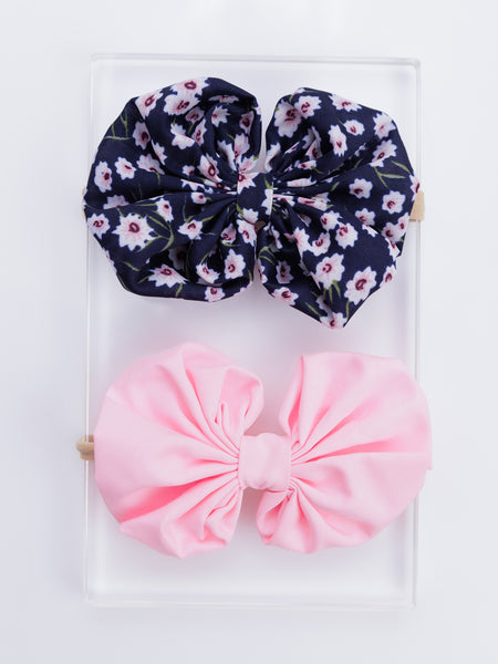 Oversized Heart Bow Head Bands Set- Pink & Dark Blue