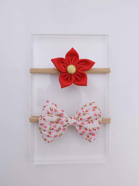 Set of 2 White Floral Bow & Purple Flower Headband Set- White & Red