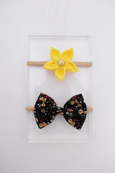 Set of 2 Black Floral Bow & Yellow Flower Headband Set- Black & Yellow