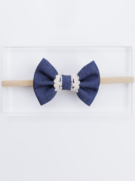 Lace Embellished Denim Bow Head Band- Dark Blue