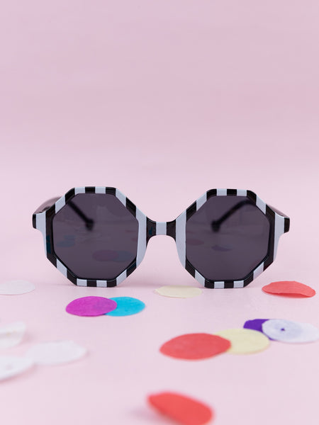 Striped Hexagon Sunglasses for Kids- Black & White