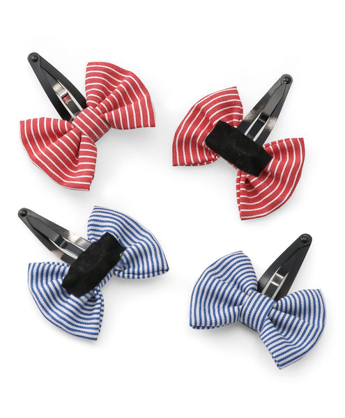 Striped Tiny Bow Hair Clip Set - Red & Blue