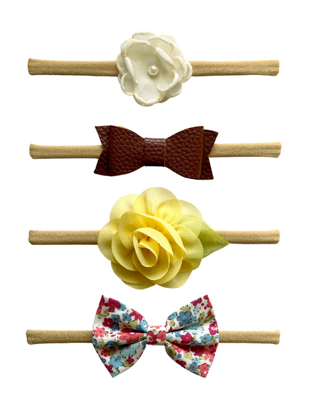 Flower & Floral Bow Headband Set- White, Brown & Yellow