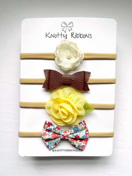 Flower & Floral Bow Headband Set- White, Brown & Yellow