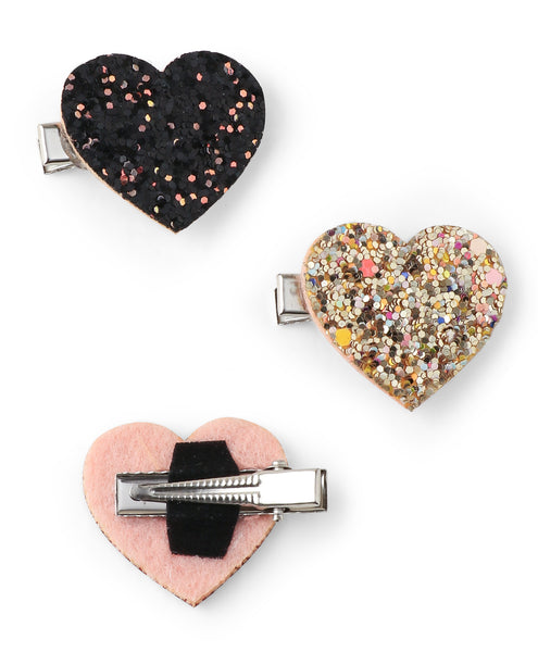 Glitter Heart Alligator Clip Set - Black, Golden & Red