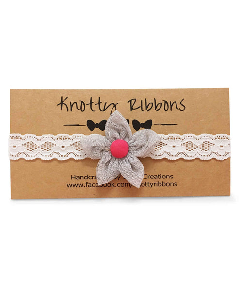 Flower & Bow Hairband Set - Silver & Dark Pink