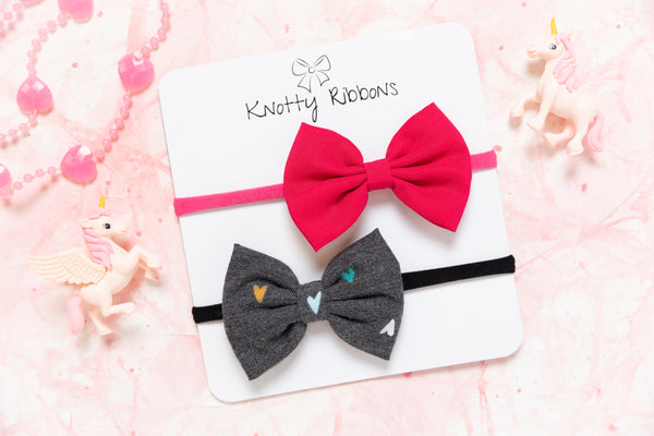 Heart Bow Headband Set - Pink & Gray