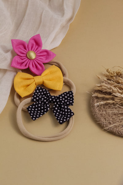Flower & Bow Headband Set - Black, Light Pink & Yellow