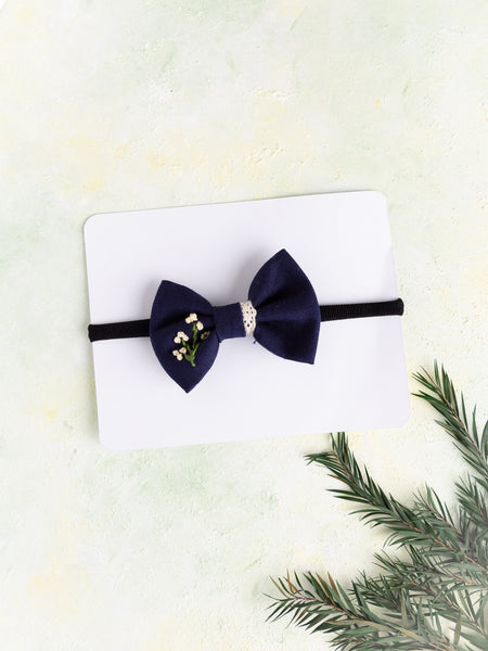 Embroidered Bow Headband- Dark Blue
