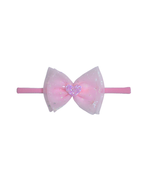 Double Bow Heart Applique Headband - Baby Pink