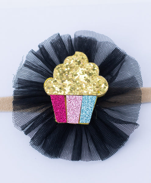 Glitter Cupcake on Pom Pom Headband - Black
